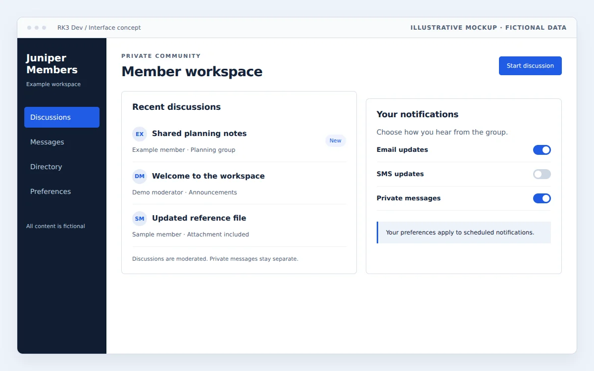 Example member workspace with fictional discussions and notification preferences